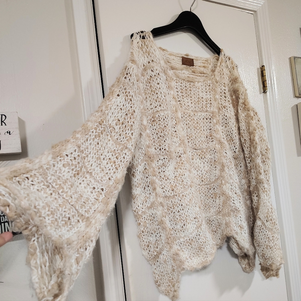 POL Crochet Open Weave Sweater White/Tan Women's Medium Cabincore Cozy Bohemian - Picture 2 of 7